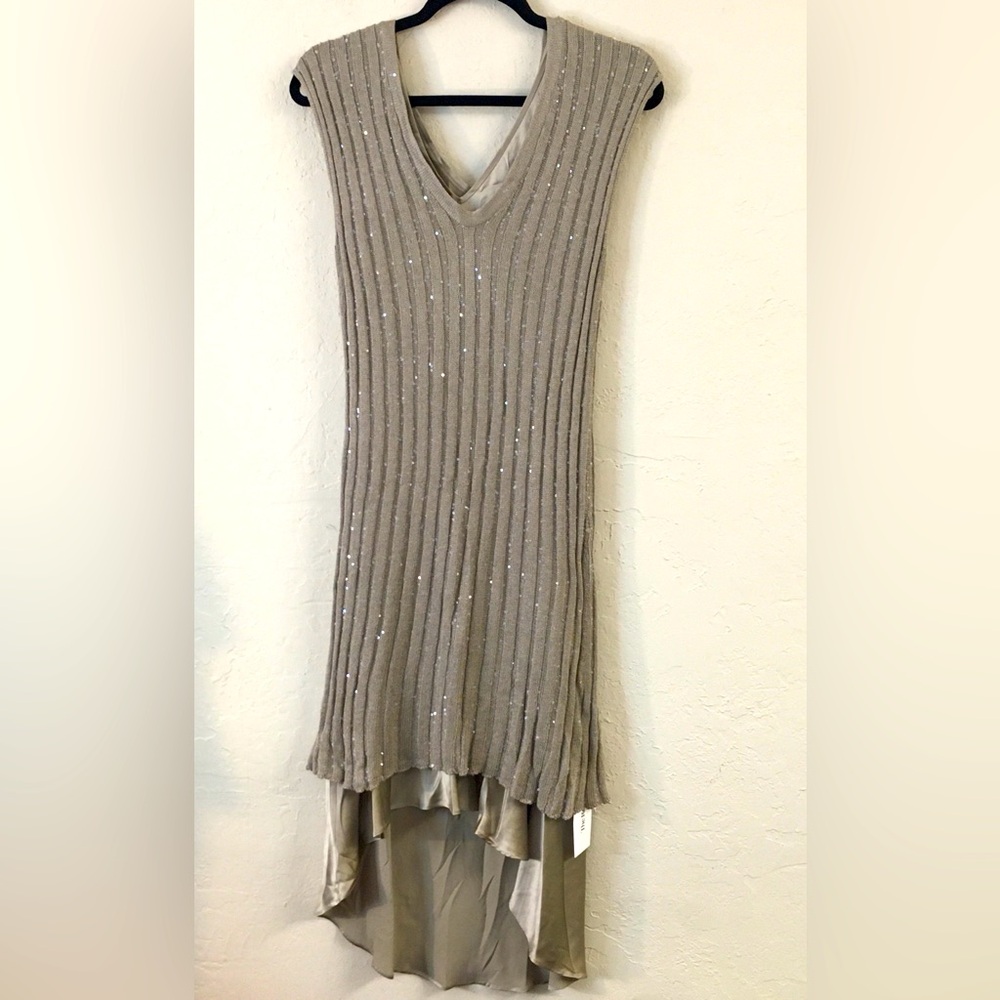 Brunello Cucinelli Linen Silk Sleeveless Dress Large Tan Sequin Knit Stretch